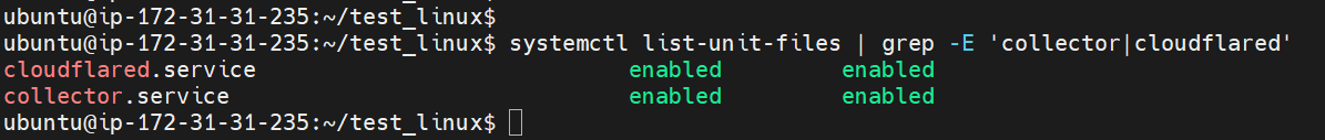 Terminal Linux montrant systemctl list-unit-files avec collector.service et cloudflared.service tous deux à l'état enabled